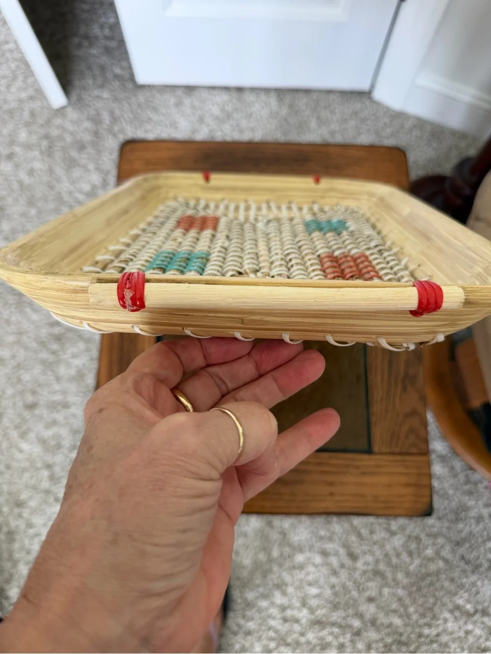 Handwoven Rectangular Wood & Seagrass Serving Basket with Colored Accents